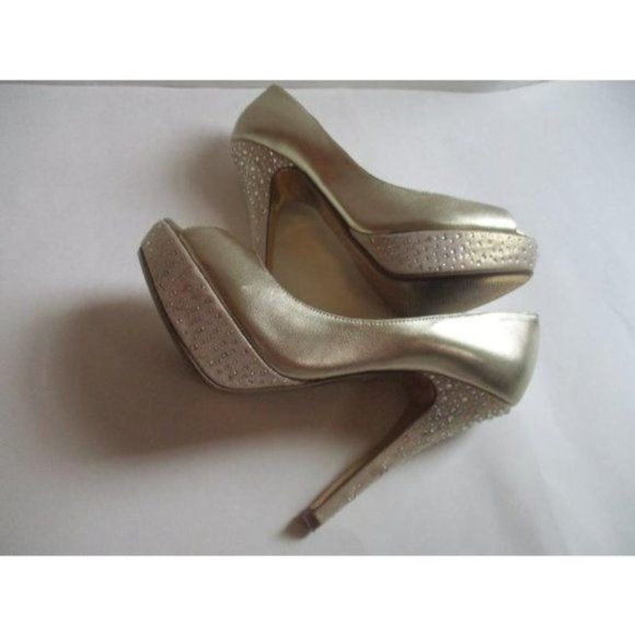 Mariah Carey Gold Champagne Rhinestone Peep Toe Stiletto Pumps - Size 6 - Picture 8 of 8